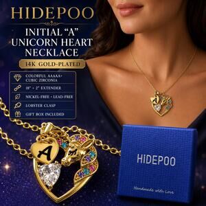 HIDEPOO Initial A Unicorn Heart Necklace 14K Gold-Plated CZ Gift Box